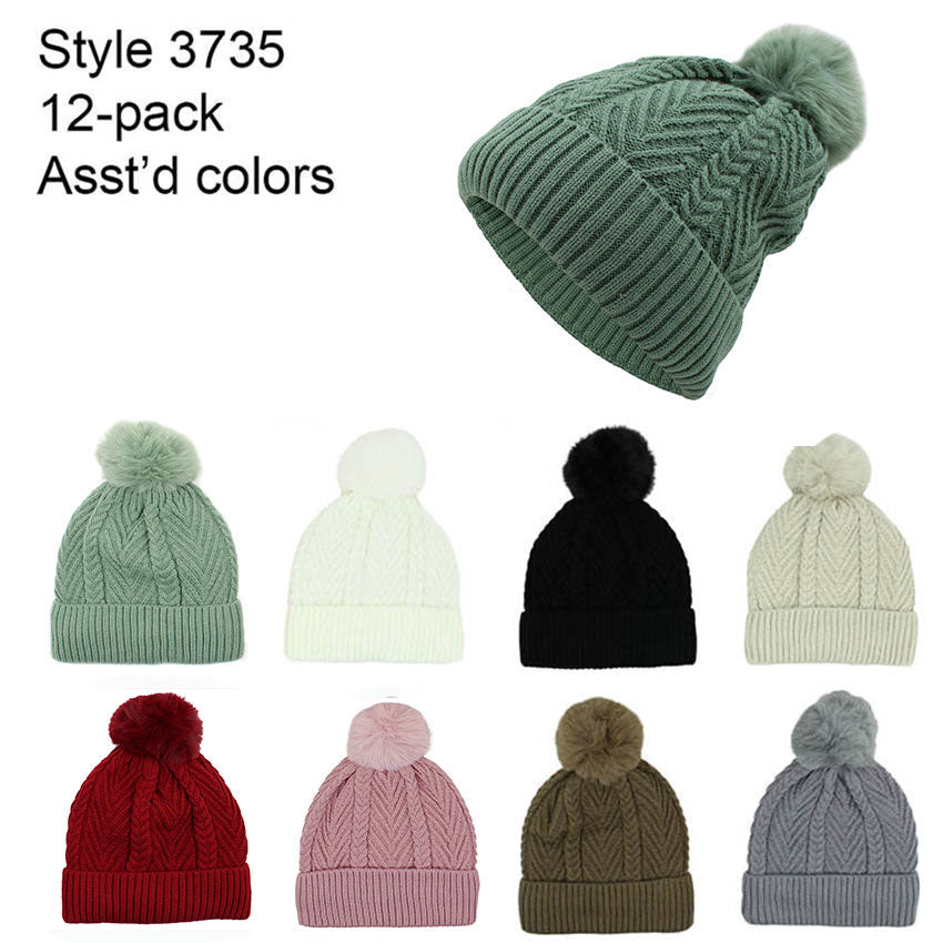 12-pack Wholesale Beanie Hat Winter Pompom Knit Hat #3735