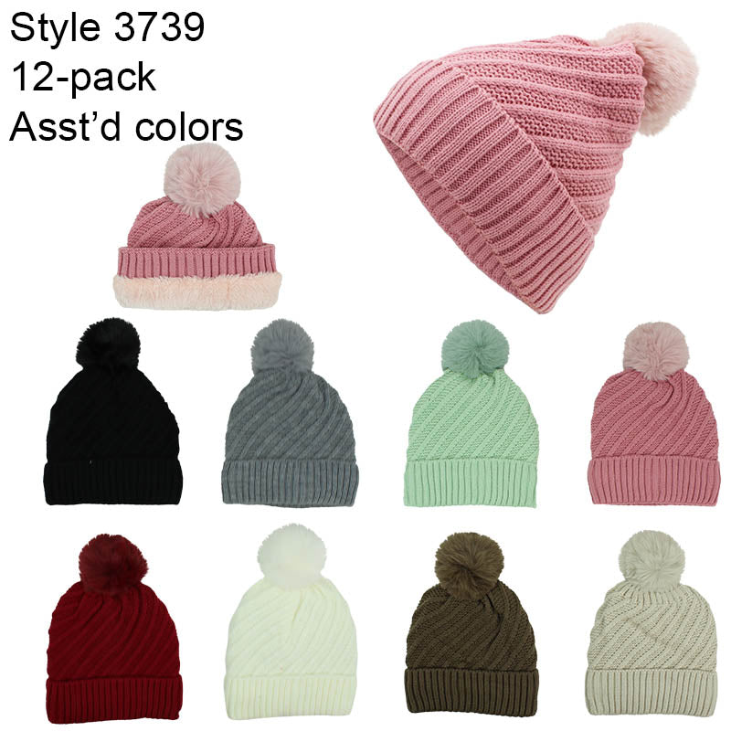 12-pack Wholesale Beanie Hat Winter Pompom Knit Hat #3739