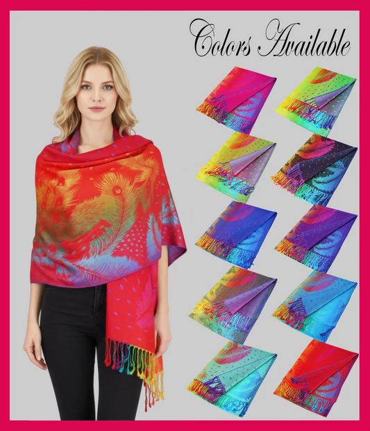 Colorful Peacock Feathers Pashmina Scarf Shawls