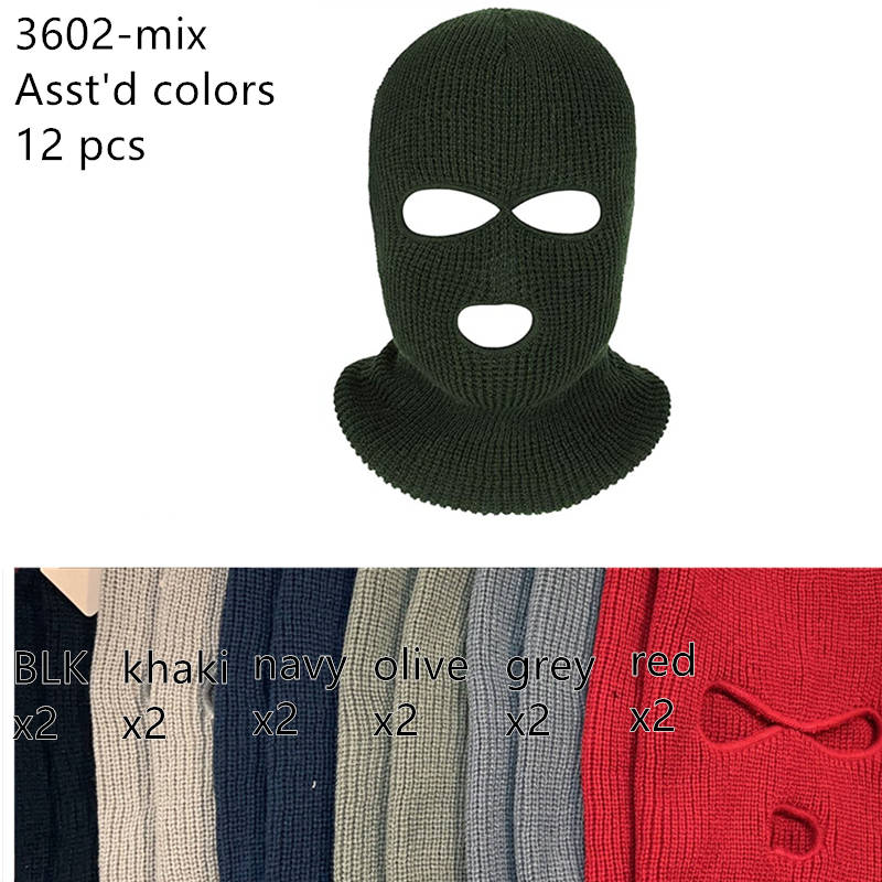 12-pack Wholesale 3-Hole Knitted Ski Mask Beanie Hat #3602
