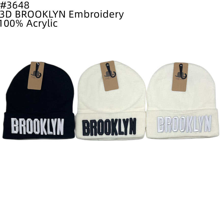 12-pack Wholesale BROOKLYN Beanie Hat 3D Embroidery #3648