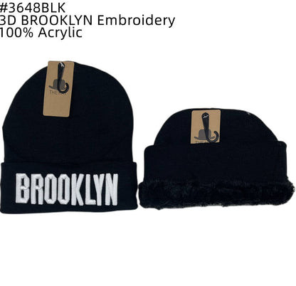 12-pack Wholesale BROOKLYN Beanie Hat 3D Embroidery #3648