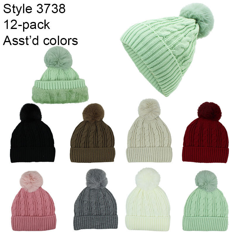12-pack Wholesale Beanie Hat Winter Pompom Knit Hat #3738