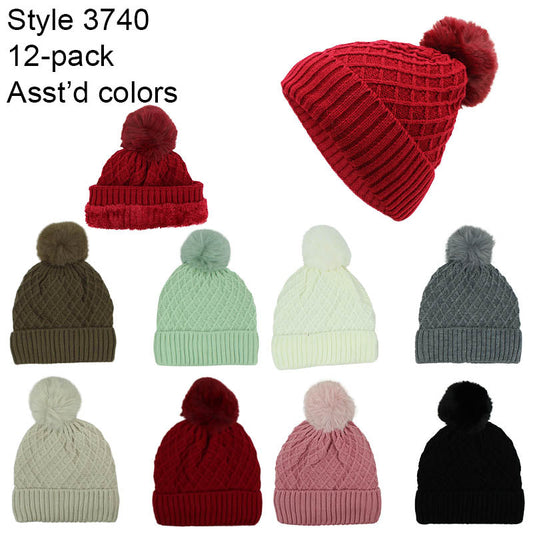 12-pack Wholesale Beanie Hat Winter Pompom Knit Hat #3740