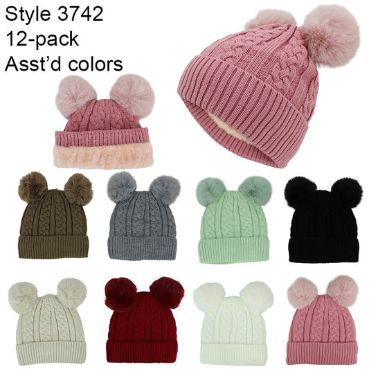 12-pack Wholesale Beanie Hat Winter Double Pompoms Knit Hat #3742