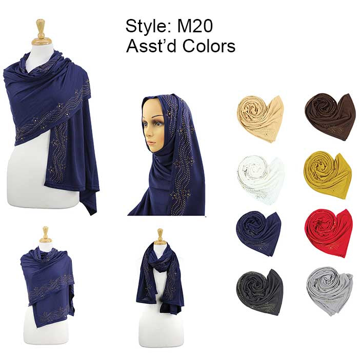 12 Pack Women Oblong Rhinestones Jersey Scarves Shawls M20