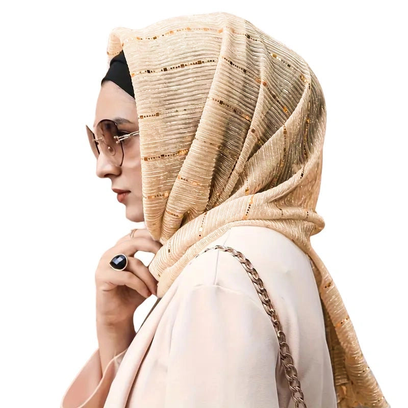 Lightweight Gold Metallic Sequins Soft Head Scarf Hijab Wrap